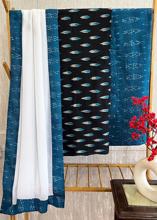 Ensemble tailleur Ikat noir et bleu avec dupatta en georgette