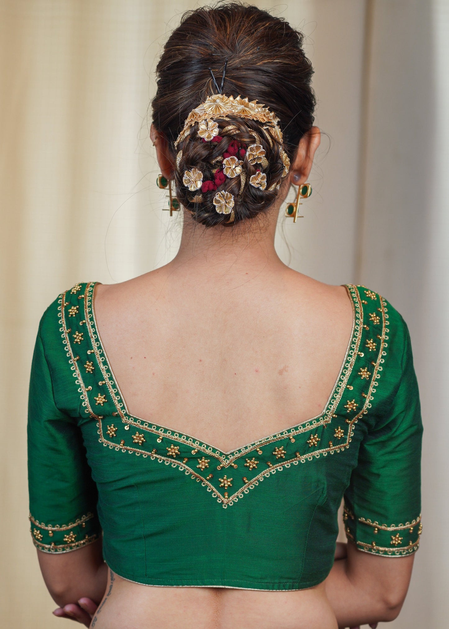 Dark  Green Cotton Silk Blouse Hand Embroidered Zardosi Work