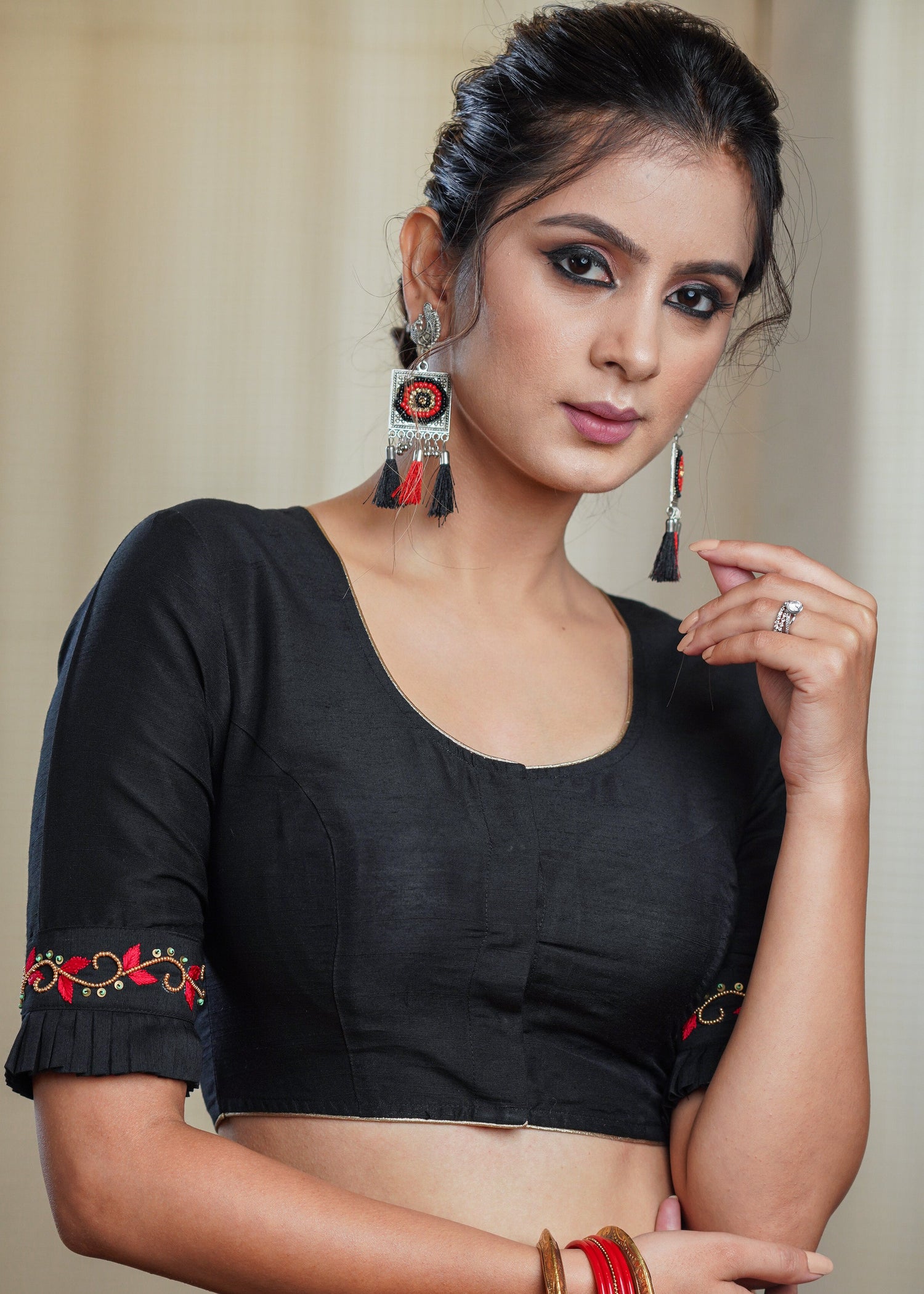 Black Cotton Silk Blouse with Exclusive Hand  Bead Embroidery Work on Back and Sleeves