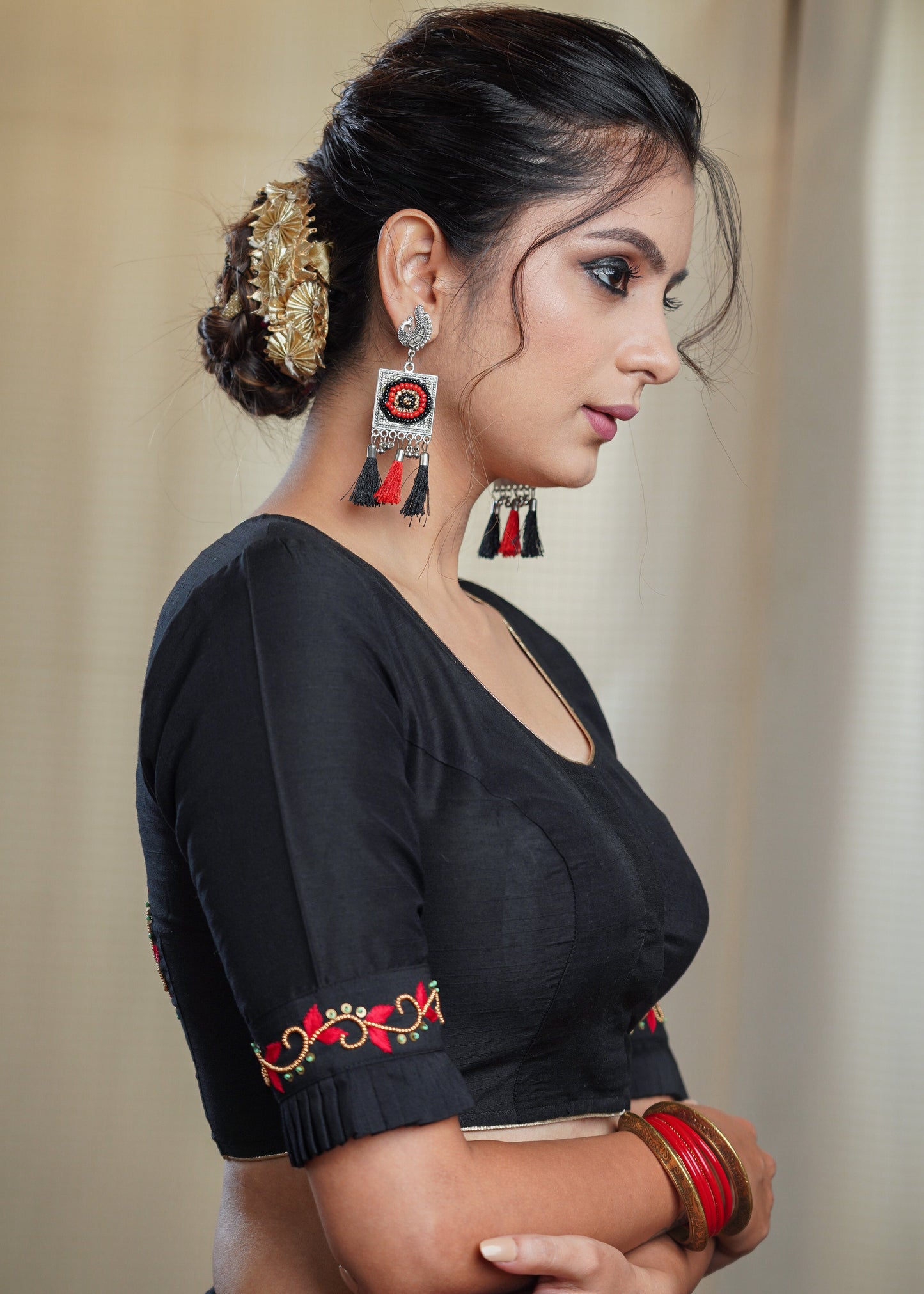 Black Cotton Silk Blouse with Exclusive Hand  Bead Embroidery Work on Back and Sleeves