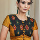 Mustard Cotton Silk Blouse With Ikat Front Panel and Wooden Button and Pleats at the Hem
