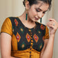 Mustard Cotton Silk Blouse With Ikat Front Panel and Wooden Button and Pleats at the Hem