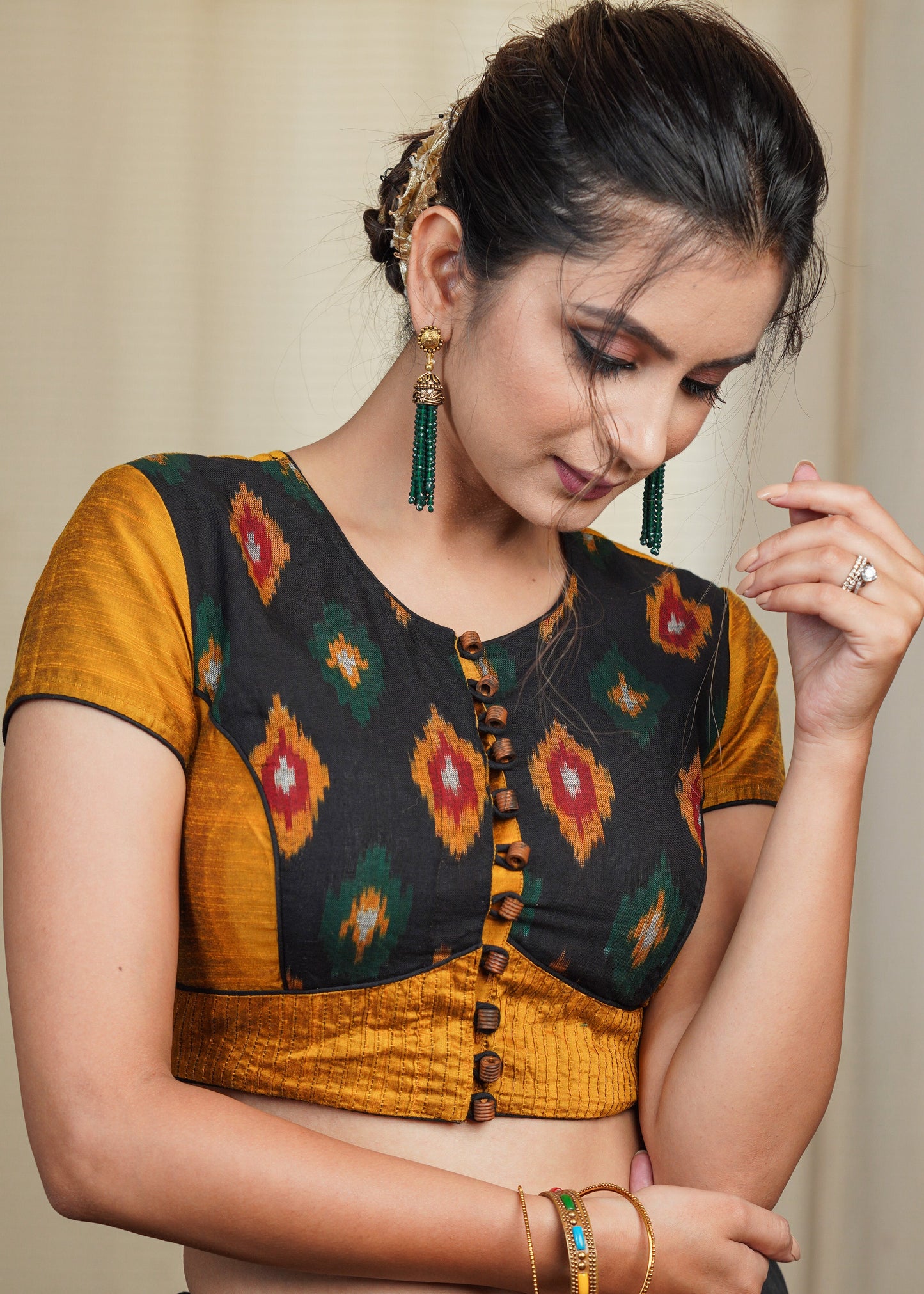 Mustard Cotton Silk Blouse With Ikat Front Panel and Wooden Button and Pleats at the Hem