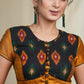 Mustard Cotton Silk Blouse With Ikat Front Panel and Wooden Button and Pleats at the Hem