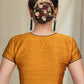 Mustard Cotton Silk Blouse With Ikat Front Panel and Wooden Button and Pleats at the Hem