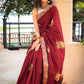 Maroon cotton saree with exclusive embroidered motifs and banarasi border