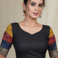 Black Cotton Blouse With Colourful Ajrakh Patchwork in the Sleeves