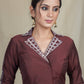 Classy Coffee Brown Collared  Cotton Silk Hand Painted Blouse