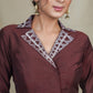 Classy Coffee Brown Collared  Cotton Silk Hand Painted Blouse