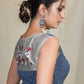 Striped Cotton Indigo Blouse with Exclusive Hand Painting on Chanderi Fabric