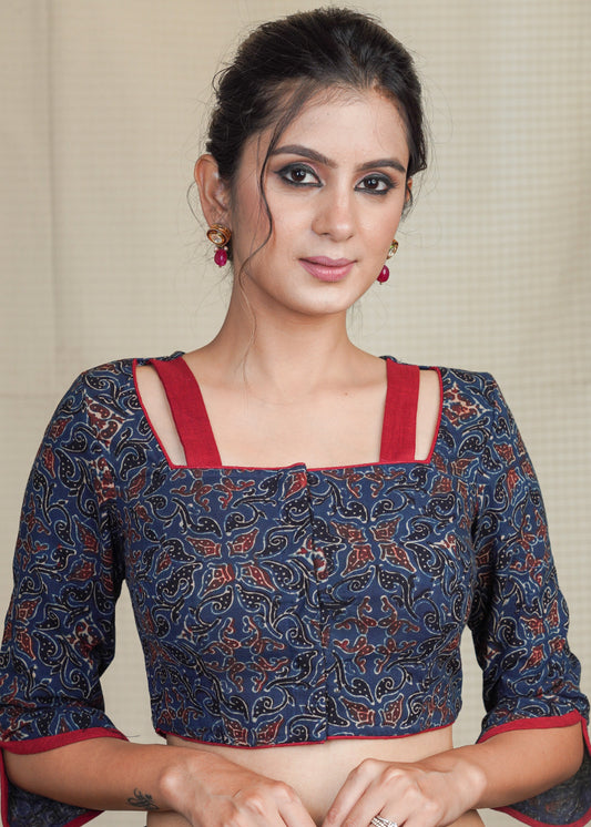 Blue Cotton Ajrakh Blouse With Maroon Straps