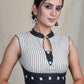 Offwhite Cotton Blouse with Embroidered Stripes all over and Ikat Collar and Hem