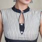 Offwhite Cotton Blouse with Embroidered Stripes all over and Ikat Collar and Hem