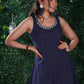 Blue striped Cotton one piece dress with embroidery on neckline