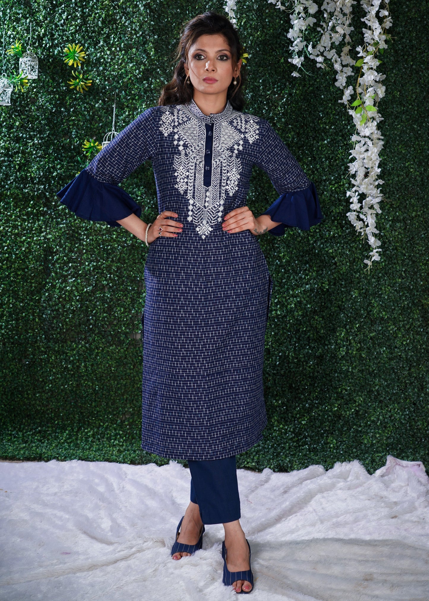 Blue Ikat Cotton Kurta with Elegant Embroidery and matching Chanderi Dupatta - 2 Pc