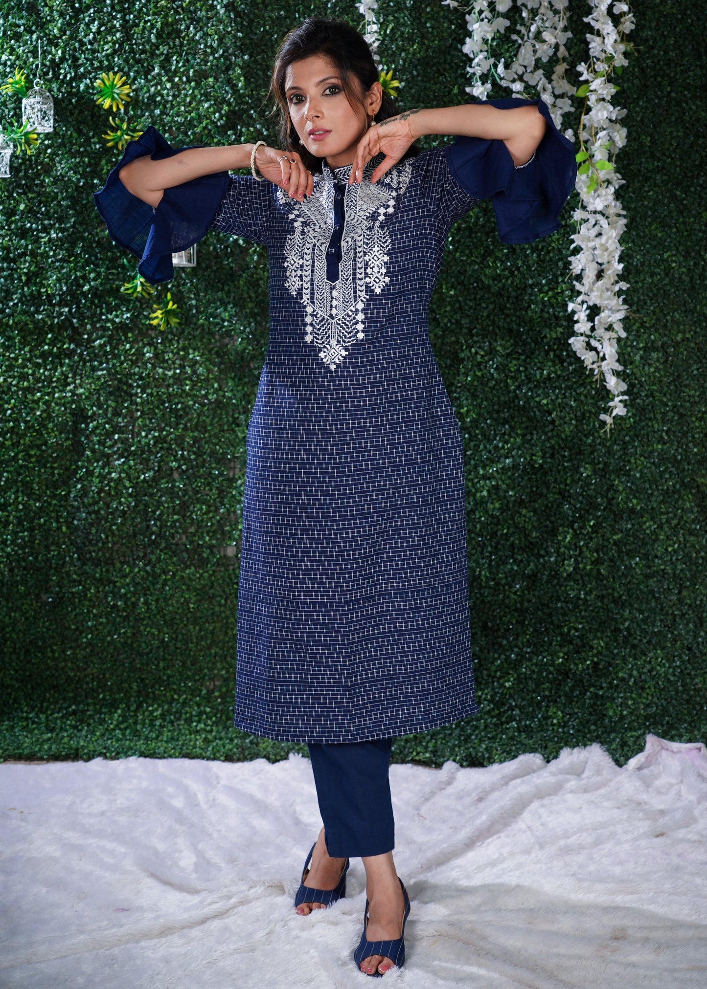 Blue Ikat Cotton Kurta with Elegant Embroidery and matching Chanderi Dupatta - 2 Pc