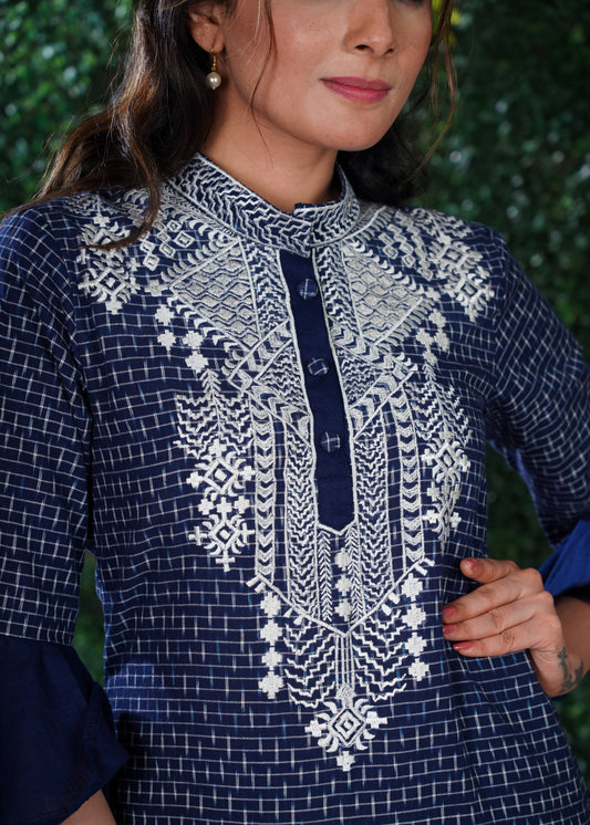 Blue Ikat Cotton Kurta with Elegant Embroidery and matching Chanderi Dupatta - 2 Pc