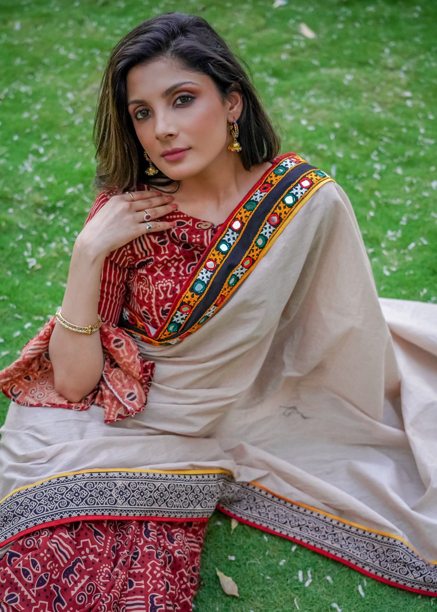 Elegant Ajrakh cotton saree with Kutch mirror work border