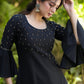 Exclusive Black Cotton Silk Hand Embroidered Peplum Sleeve Kurti - Pant Optional