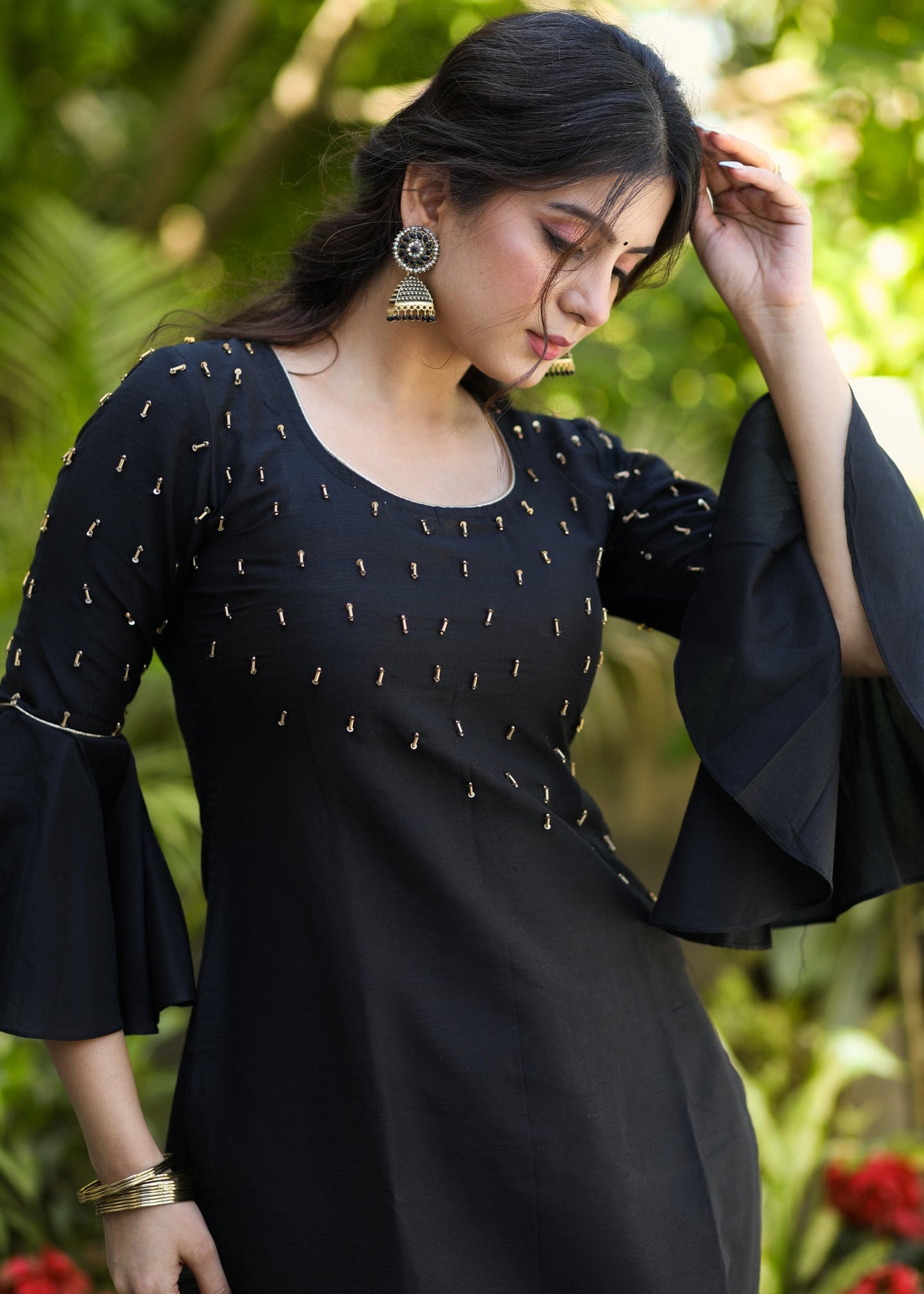 Exclusive Black Cotton Silk Hand Embroidered Peplum Sleeve Kurti - Pant Optional