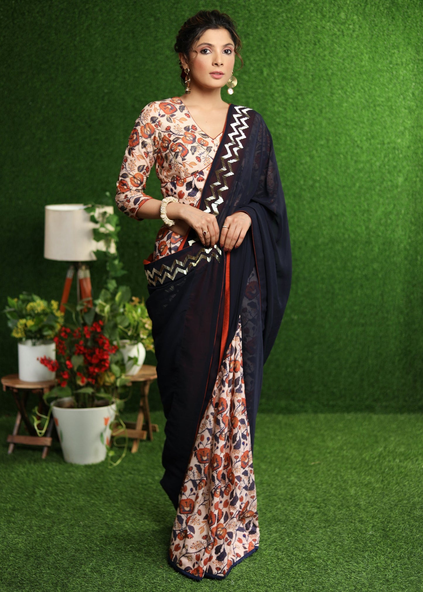 Classy blue Georgette & Satin combination saree with beautiful hand work