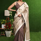 Graceful Tusser silk & Ajrakh combination saree with delicate beige silk sequence embroidery