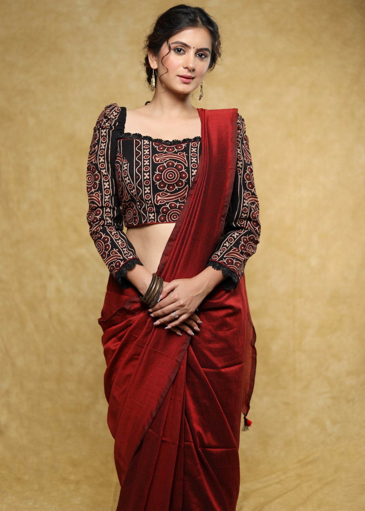 Plan Red Cotton Silk Saree