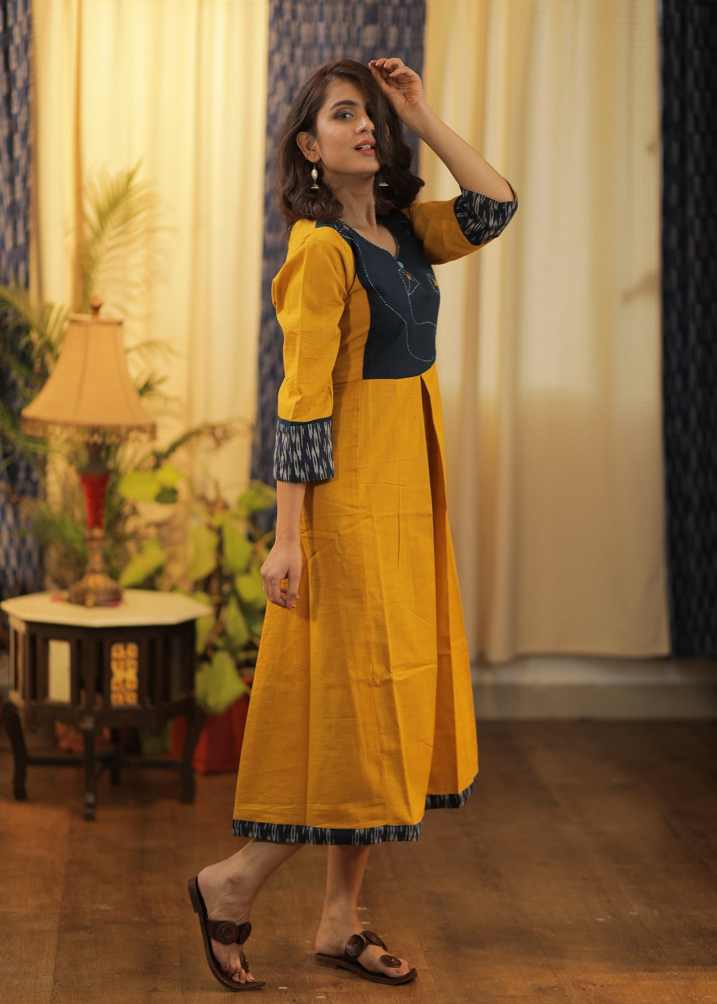 A-line Slightly Pleated Handloom Cotton  Kurta / One piece dress with Ikat and Hand Stitched Kites on the Yoke