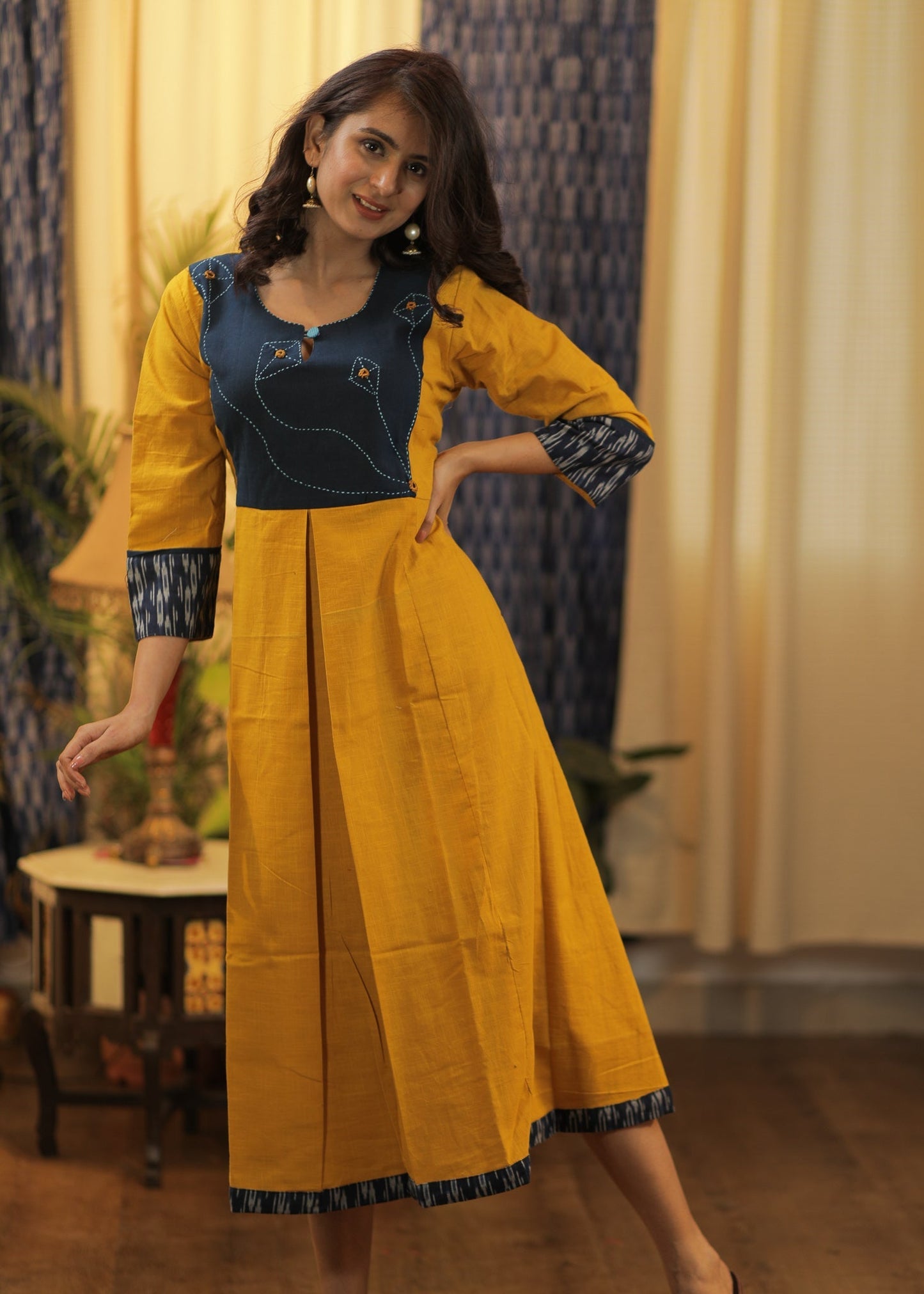 A-line Slightly Pleated Handloom Cotton  Kurta / One piece dress with Ikat and Hand Stitched Kites on the Yoke