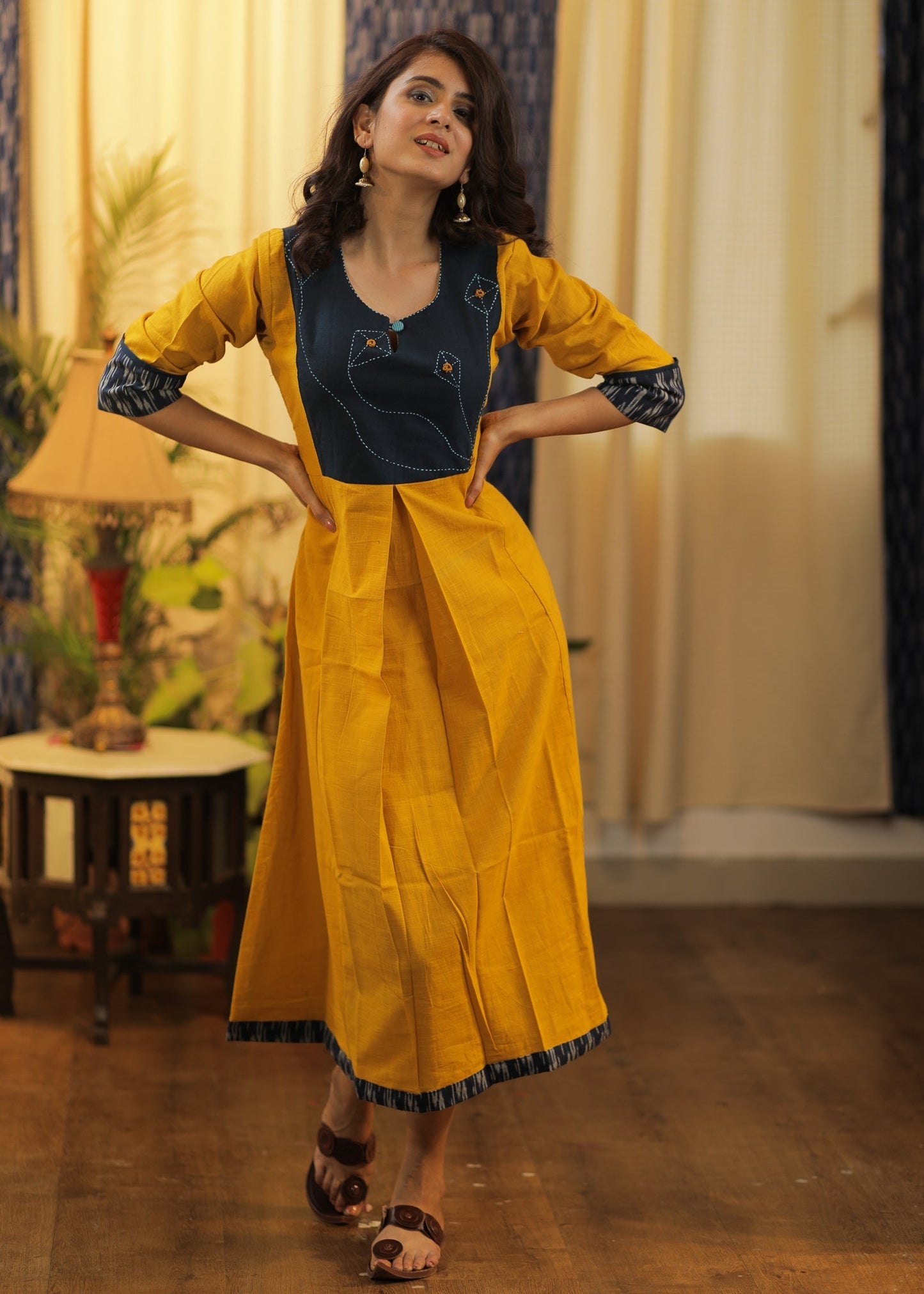 A-line Slightly Pleated Handloom Cotton  Kurta / One piece dress with Ikat and Hand Stitched Kites on the Yoke