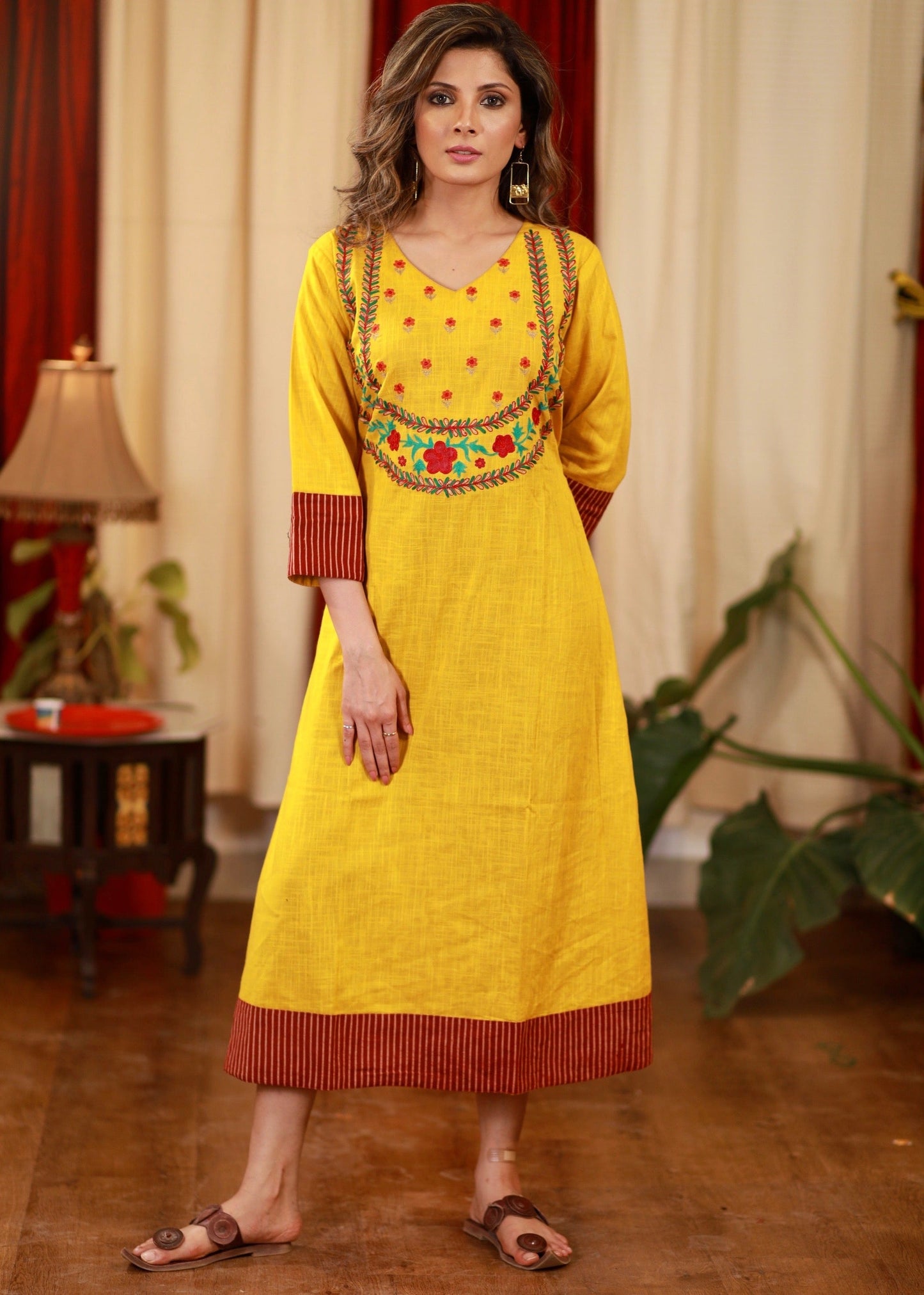 A-line Cotton Hanloom Kurta / One piece Dress with Exclusive Embroidery and Ajtakh Detail