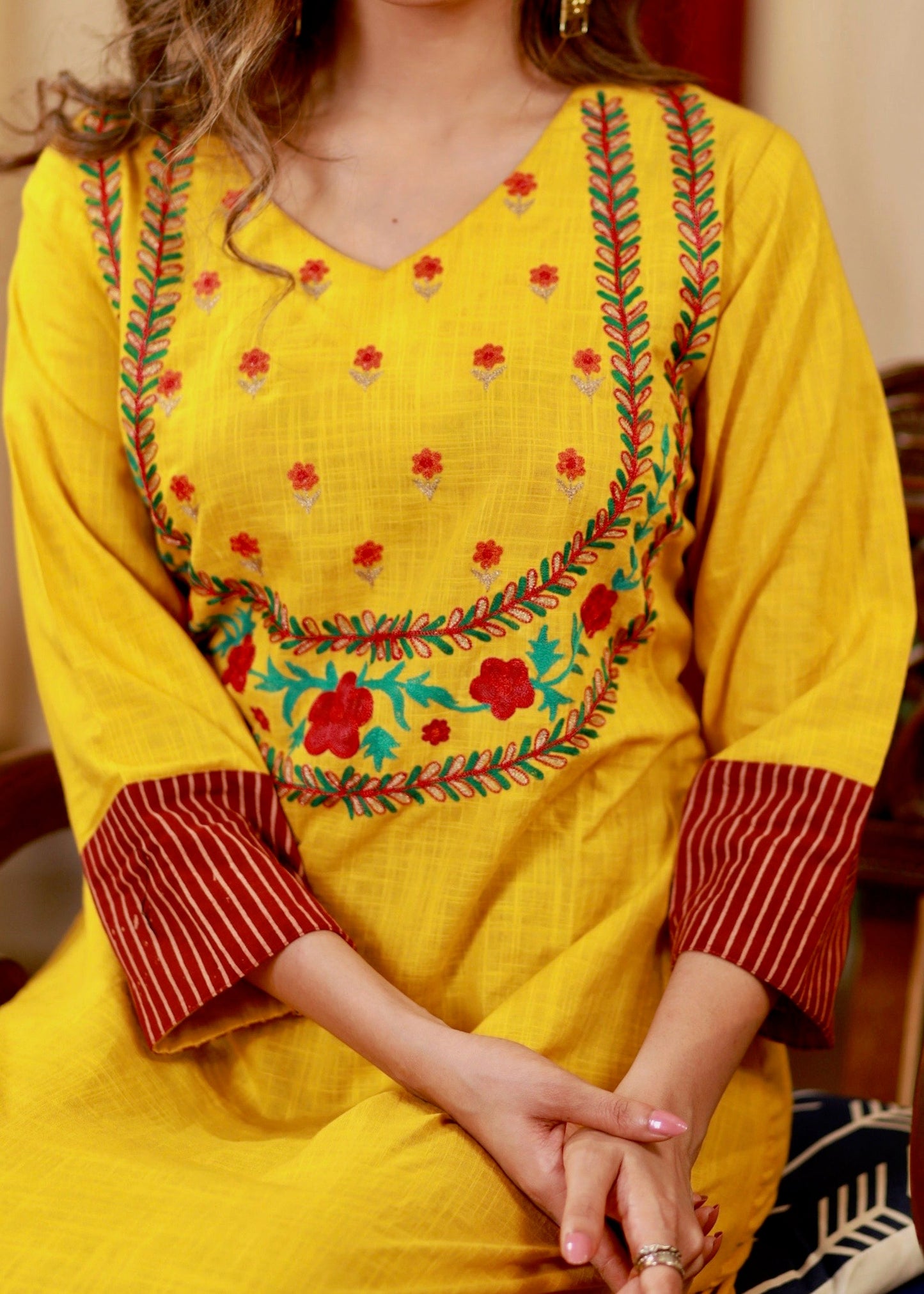 A-line Cotton Hanloom Kurta / One piece Dress with Exclusive Embroidery and Ajtakh Detail