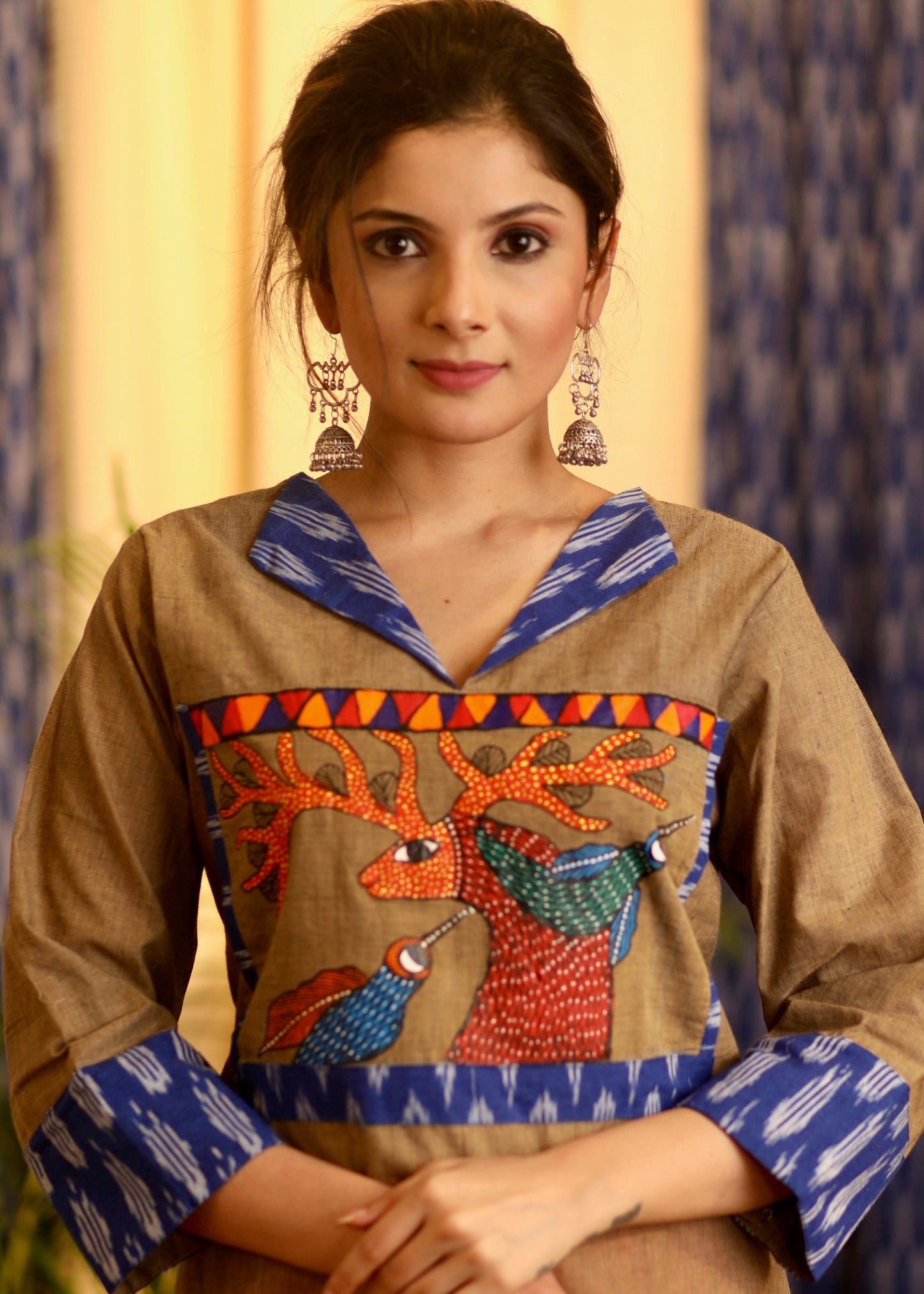 Straight Cut Handloom cotton Kurta with exclusive hand painted Gond Tribal Art and Ikat
