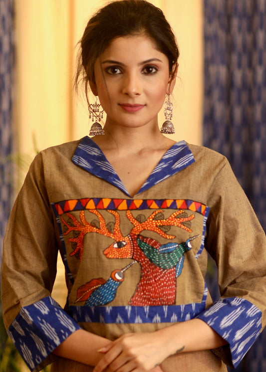 Straight Cut Handloom cotton Kurta with exclusive hand painted Gond Tribal Art and Ikat