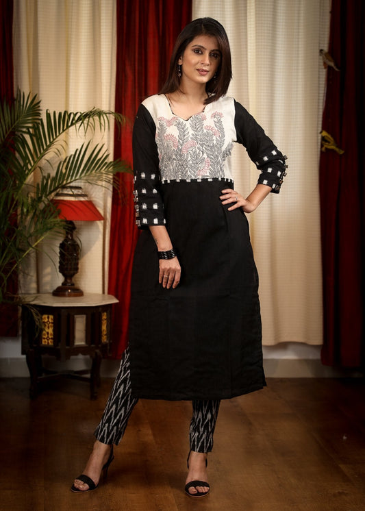 Staight Cut Cotton Handloom Kurta With Intricate  Hand Painted Madhubani Yoke