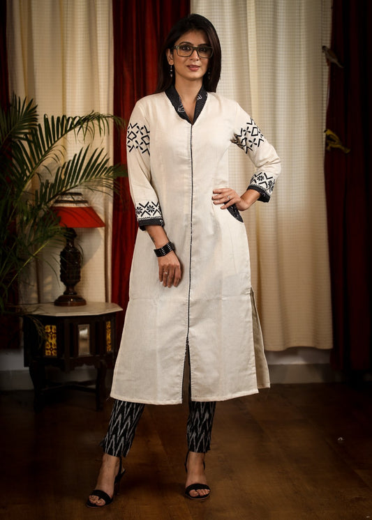 Straight Cut Cotton Handloom kurta with  Modern Embroidery Work and Smart Pockets
