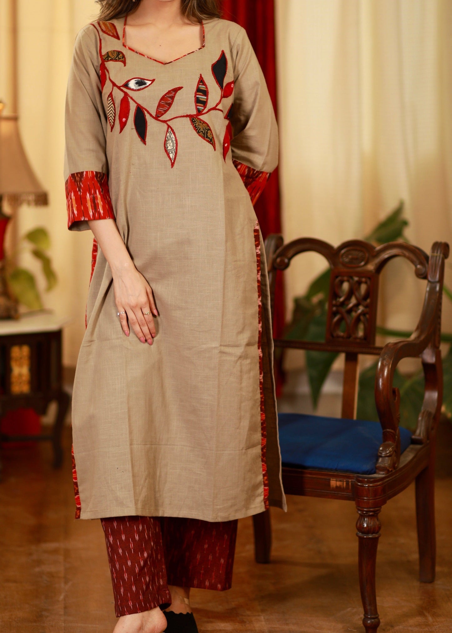 Straight Cut Cotton Handloom Kurta with Exclusive Ikat Applique Work