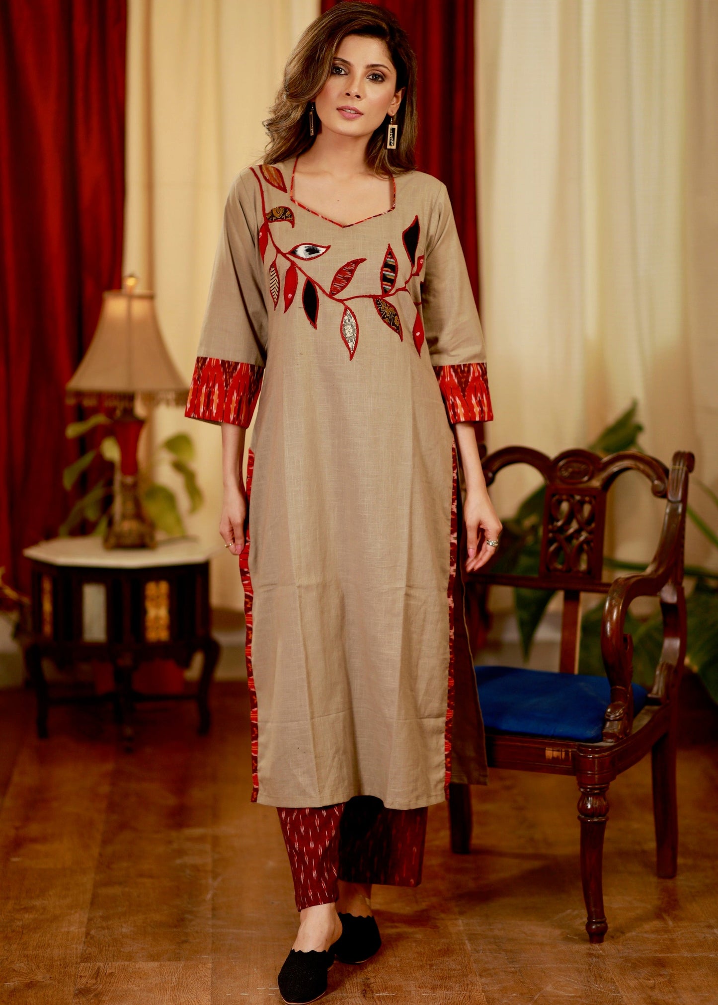 Straight Cut Cotton Handloom Kurta with Exclusive Ikat Applique Work