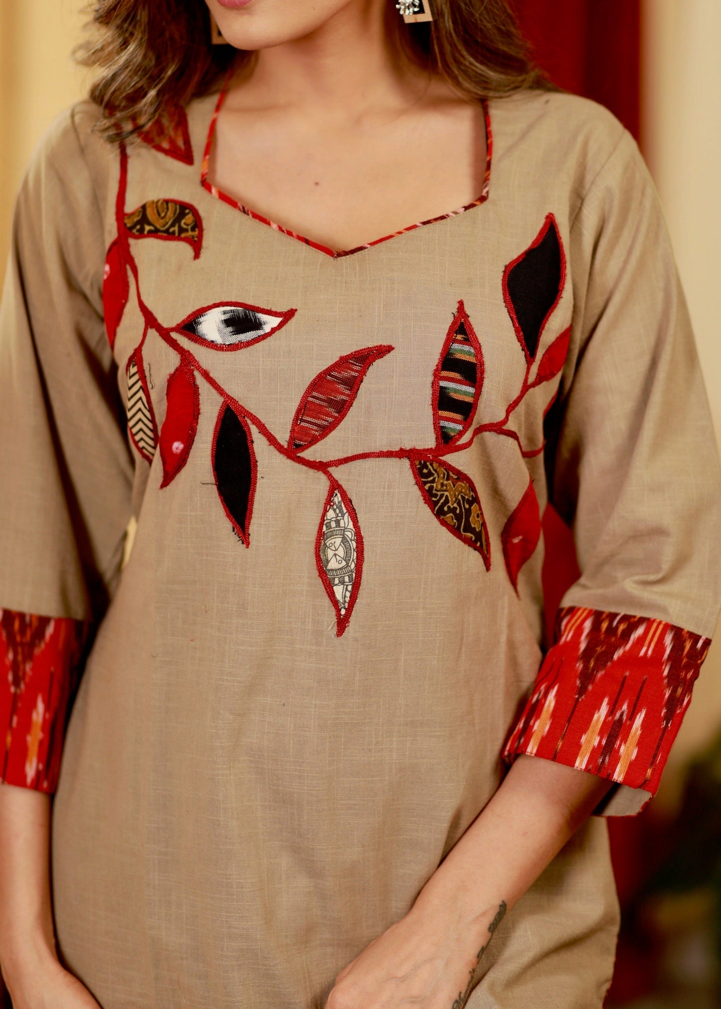 Straight Cut Cotton Handloom Kurta with Exclusive Ikat Applique Work