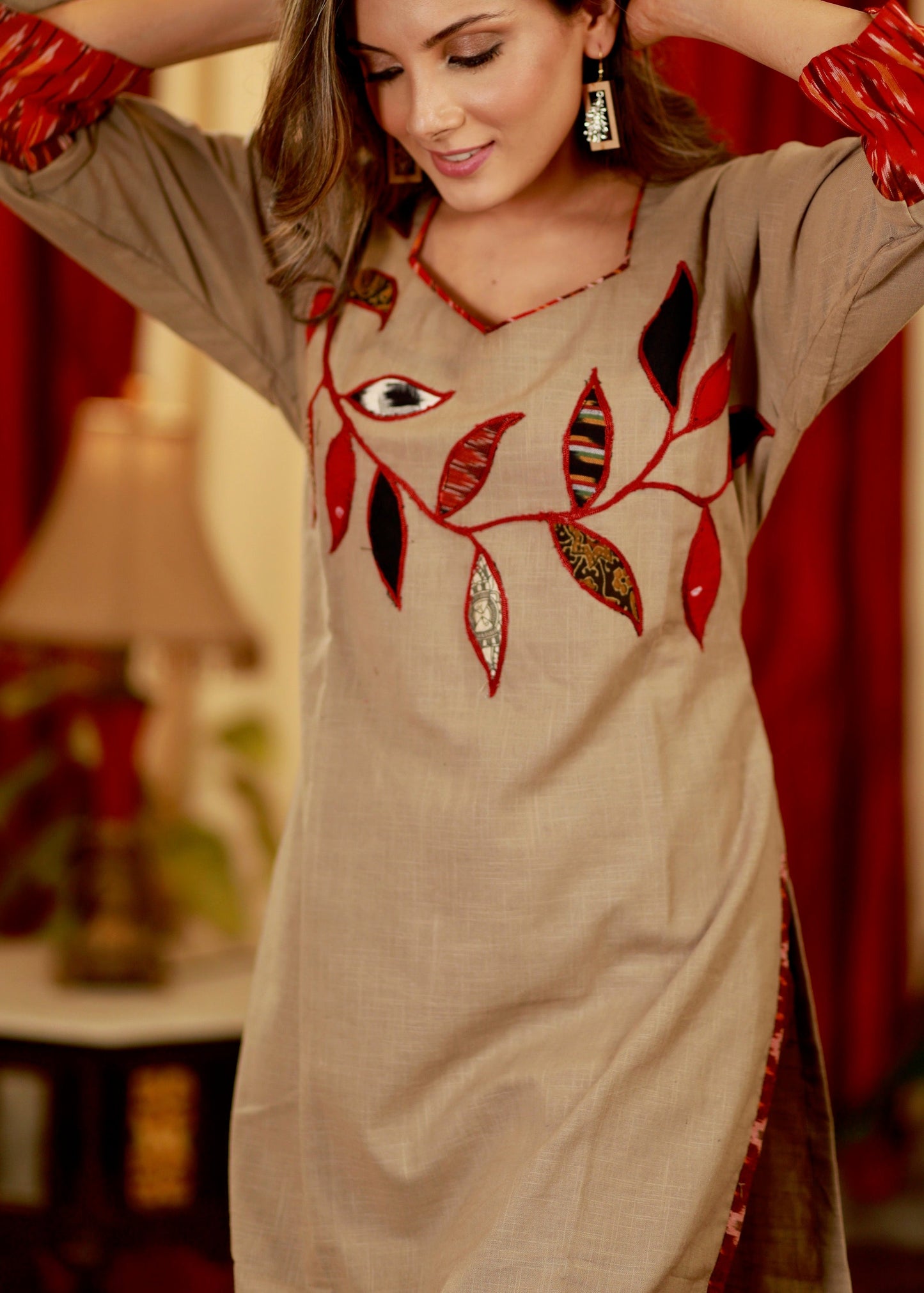Straight Cut Cotton Handloom Kurta with Exclusive Ikat Applique Work
