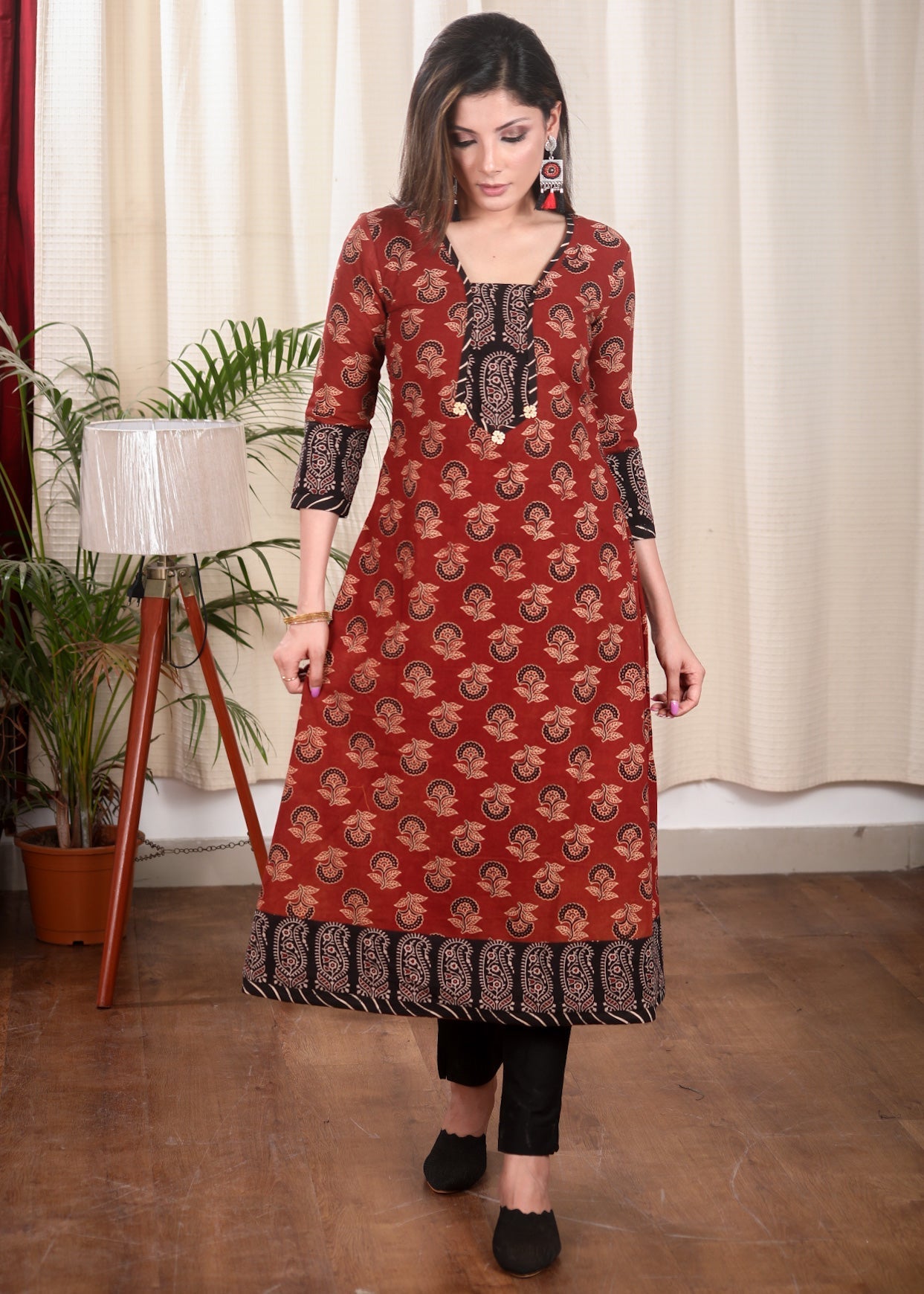 A line Ajrakh Combination Kurta With Wooden Beads