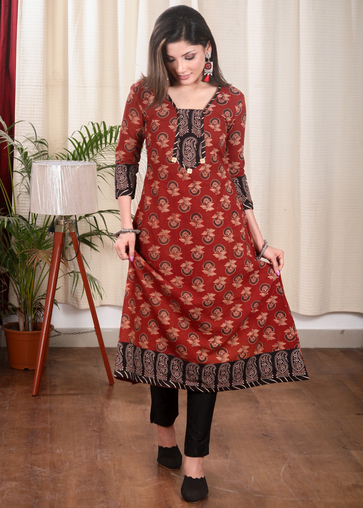 A line Ajrakh Combination Kurta With Wooden Beads