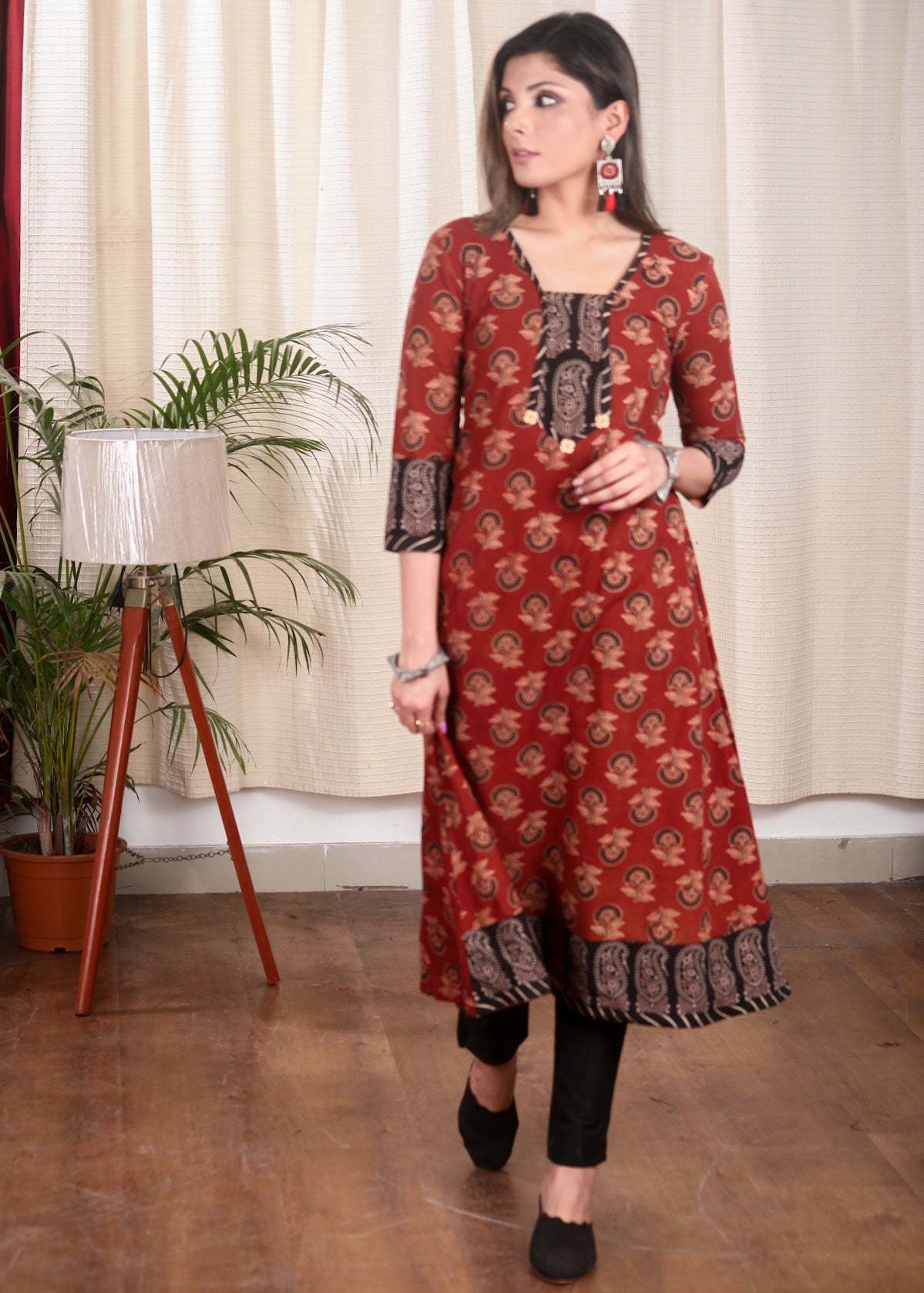 A line Ajrakh Combination Kurta With Wooden Beads