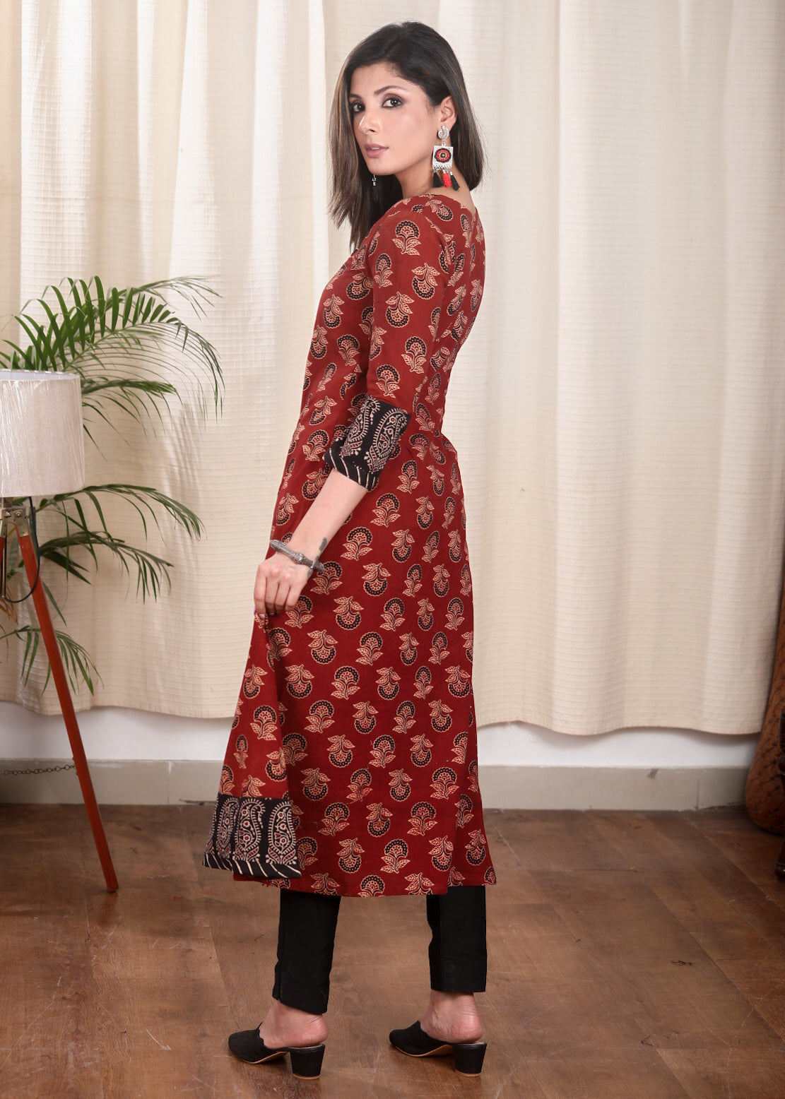 A line Ajrakh Combination Kurta With Wooden Beads