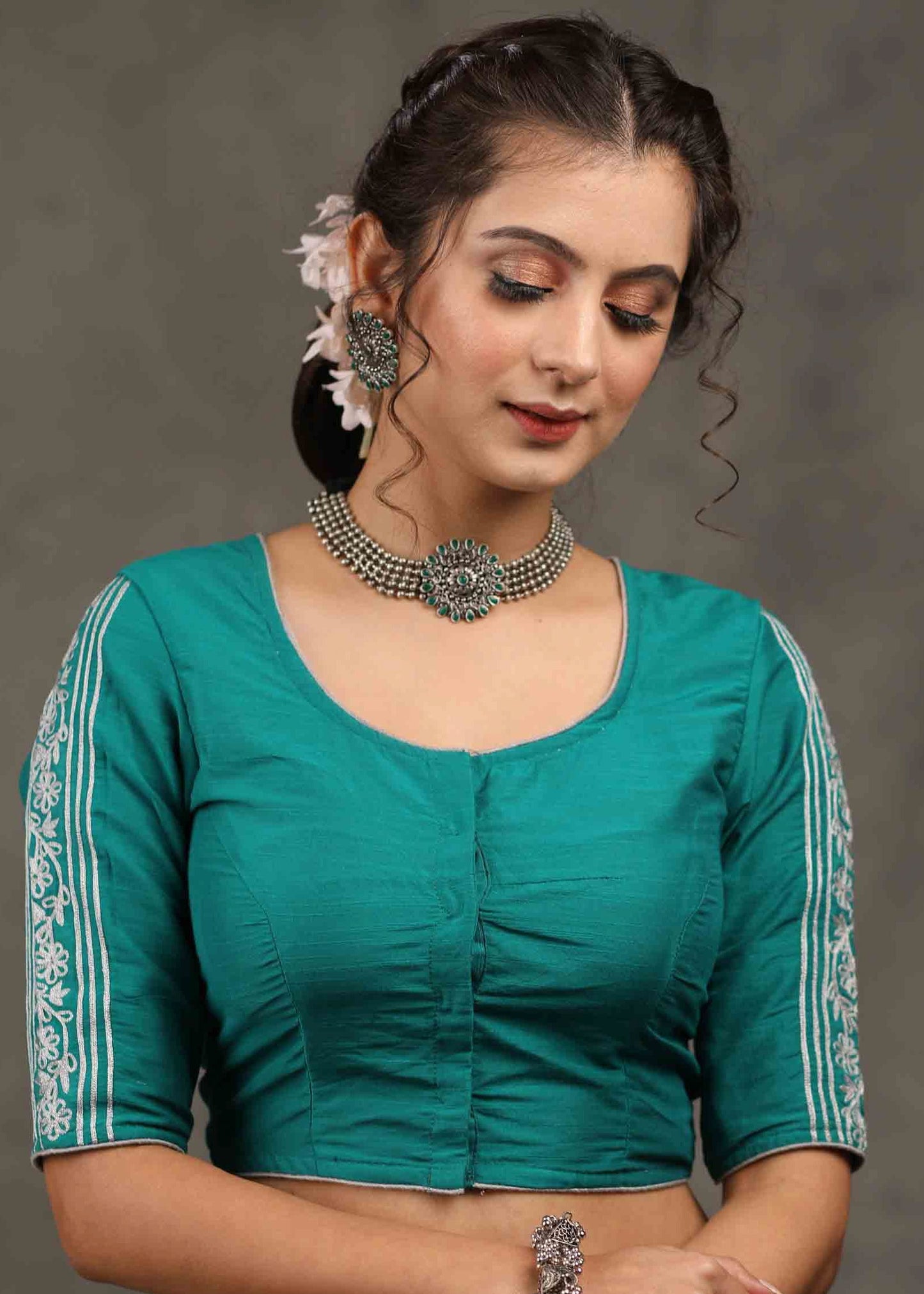 Classy Turquoise Green Cotton Silk Blouse with Beautiful Floral Embroidery on Back and Sleeves