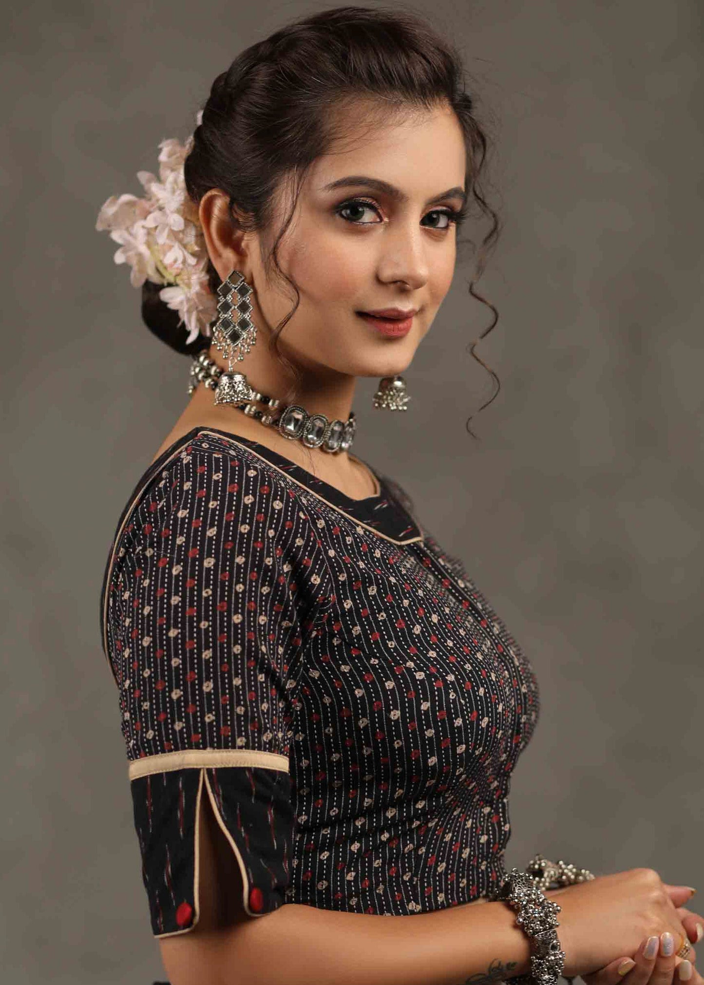 Exclusive Black Ajrakh Kantha with Ikat Combination Blouse