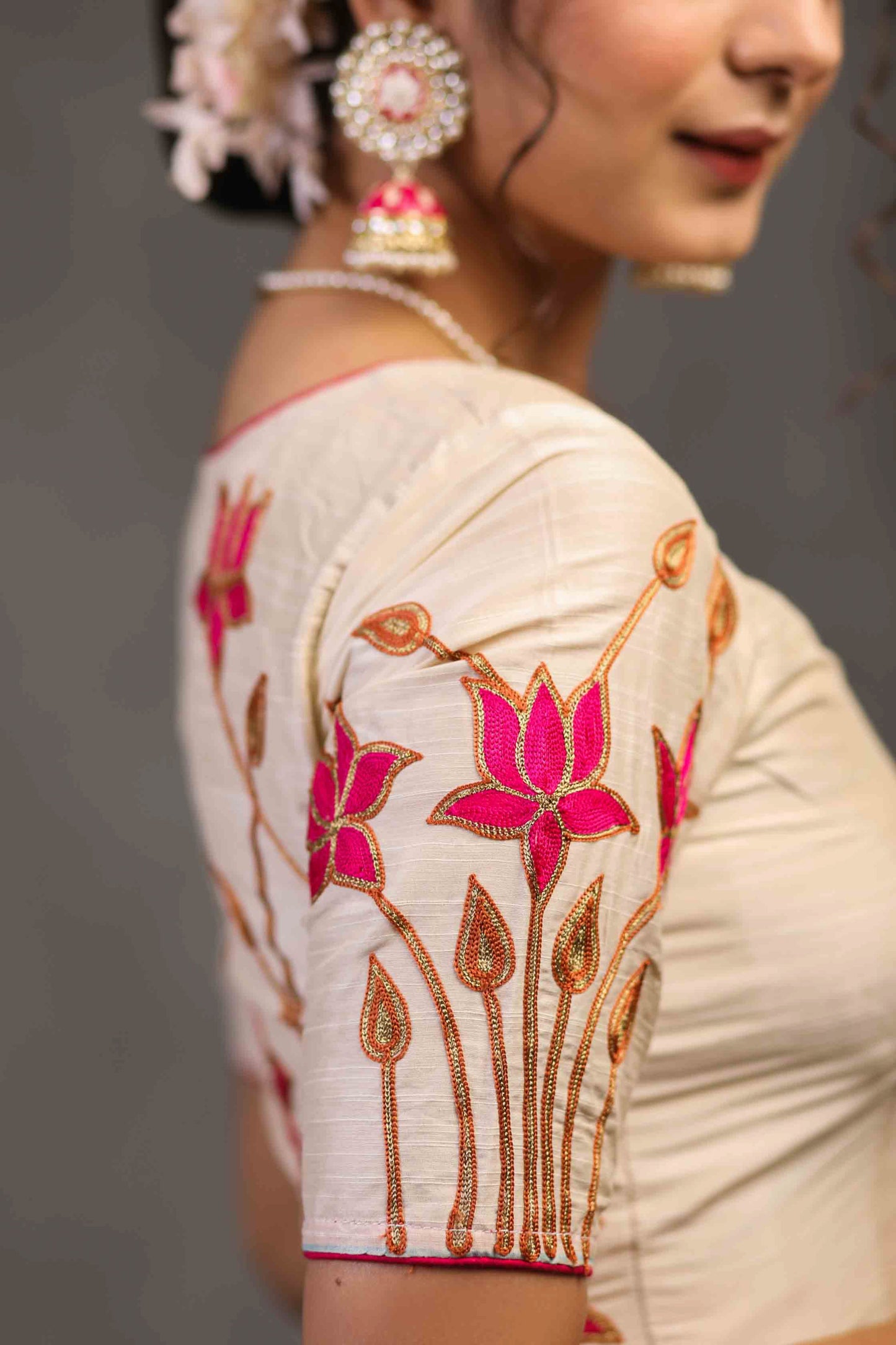 Classy Ivory Cotton Silk Blouse with Beautiful Lotus Embroidery on Back and Sleeves