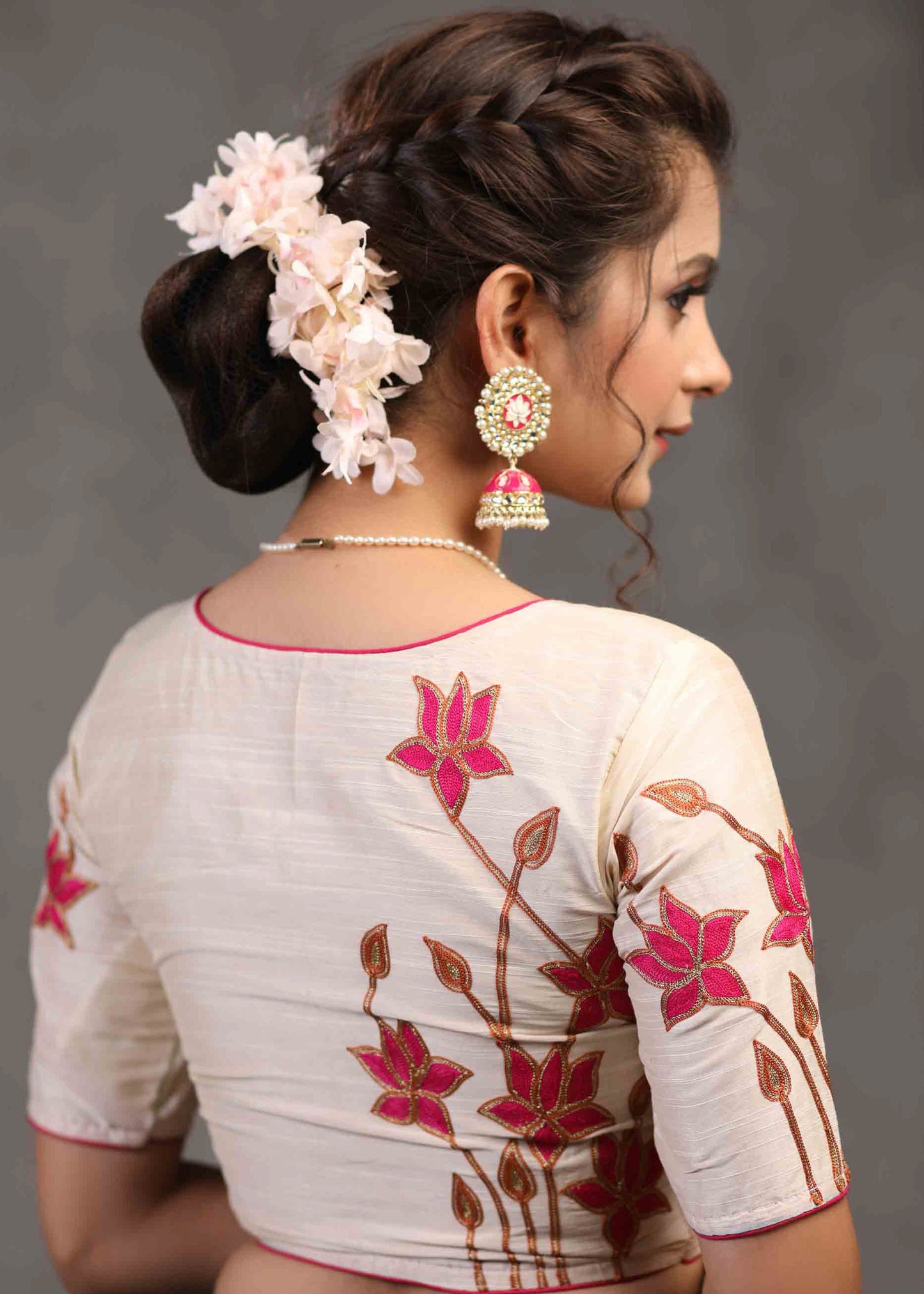 Classy Ivory Cotton Silk Blouse with Beautiful Lotus Embroidery on Back and Sleeves