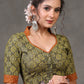 Exclusive Olive Green Ajrakh Blouse with Brown Mandarin Collar
