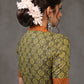 Exclusive Olive Green Ajrakh Blouse with Brown Mandarin Collar
